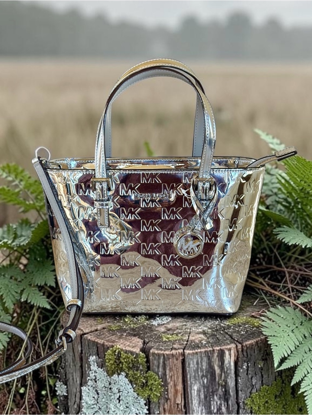Michael Kors Metallic Silver MK Embossed Tote